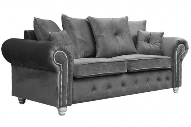 Olympia Chesterfield Sofa | 3 Seater | Plush Velvet | Grey | Studded Winged Arms | Free UK Delivery