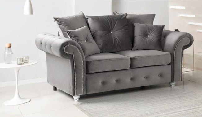 Olympia Sofa | 2 Seater | Plush Velvet | Grey | Chrome Studded Arms | Free UK Delivery