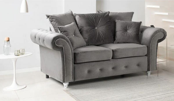 Olympia Sofa | 2 Seater | Plush Velvet | Grey | Chrome Studded Arms | Free UK Delivery