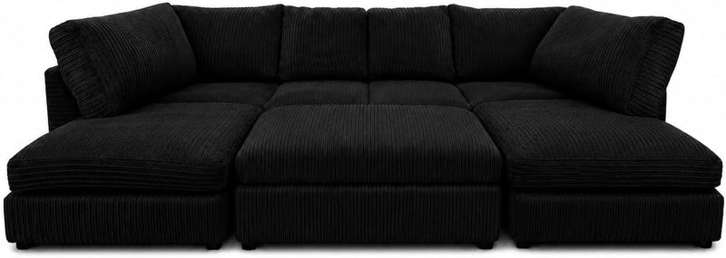 Black Jumbo Cord U-Shape Sofa with Large Footstool - main view
