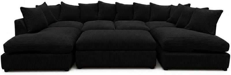 Black - Scatter Back Jumbo Cord U-Shape Sofa with Footstool