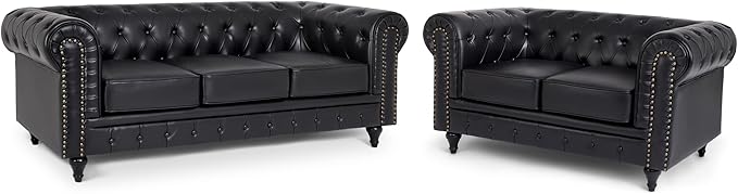 Bliss Chesterfield 3+2 Sofa Set | 3+2 Seater Set | Faux Leather | Black, Grey and Brown | Button-Tufted Back | Free UK Delivery