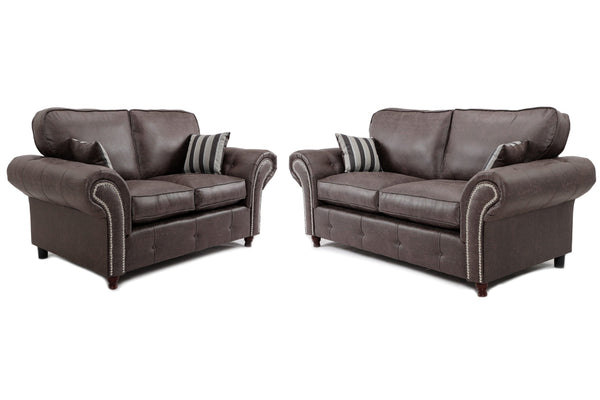Oakland Sofa | 3+2 Seater Set | Faux Leather | Tan, Grey and Black | Chesterfield-Style Studded Design | Free UK Delivery