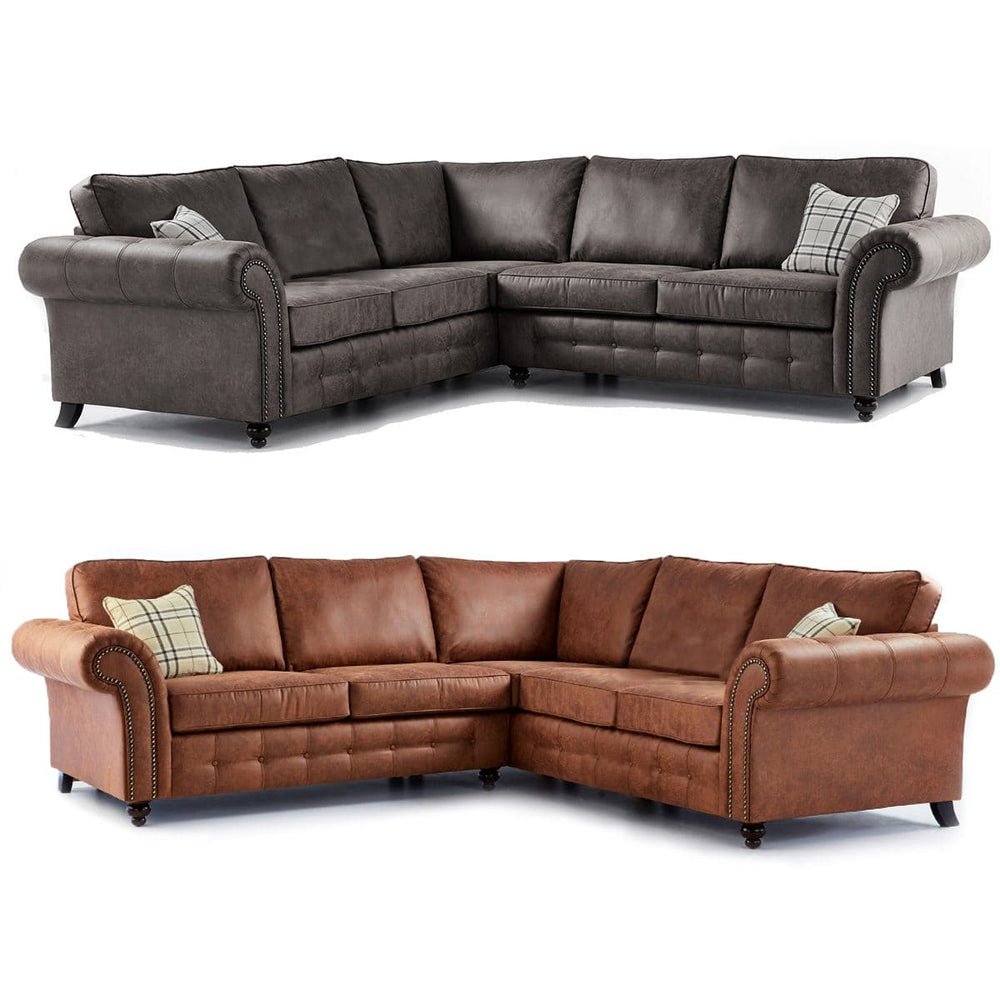 Oakland Corner Sofa | 5 Seater Corner | Faux Leather | Brown, Grey and Black | Vintage Chesterfield Look | Free UK Delivery