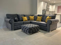 Olympia Chesterfield Corner Sofa | 5 Seater Corner | Plush Velvet | Grey | Studded Winged Arms | Free UK Delivery