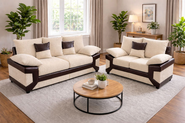 Bliss Dino Fabric and Leather Sofa Suite | 3+2 Seater Set | Cord and Faux Leather | 5 Colours | Memory Foam Seats | Free UK Delivery