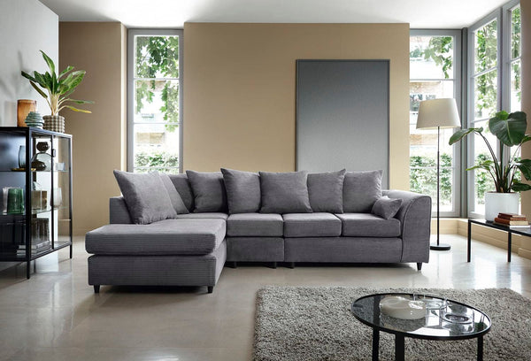 Bliss Jumbo Cord 5 Seater L-Shape Chaise Corner Sofa | 5 Seater Corner | Jumbo Cord | Grey and Cream | Memory Foam Seats | Free UK Delivery