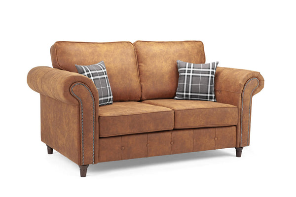 Oakland Sofa | 2 Seater | Faux Leather | Tan, Grey and Black | Chesterfield-Style Studded Design | Free UK Delivery