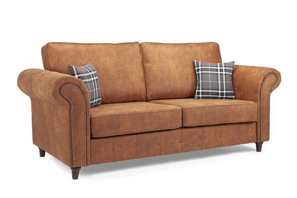 Oakland Sofa | 3 Seater | Faux Leather | Tan, Grey and Black | Chesterfield-Style Studded Design | Free UK Delivery