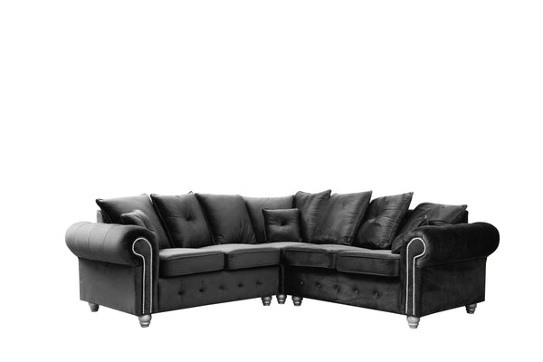 Olympia Chesterfield Corner Sofa | 5 Seater Corner | Plush Velvet | Grey | Studded Winged Arms | Free UK Delivery